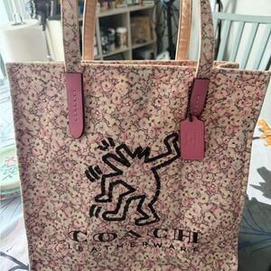 Coach Beige and Pink Floral Tote Keith Haring